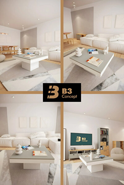B3 Concept Nort Iı Serisi Modern Dekoratif 1. Kalite Kare Salon Orta Sehpa Gri & Beyaz