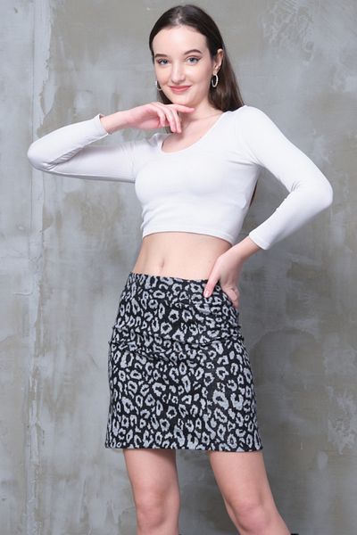 mrmpro Leopard Pattern Gray Women's Mini Skirt Stretchy Fabric Close-Fitting Sports Cut Size 1 Slim Look Skirt Length 45cm