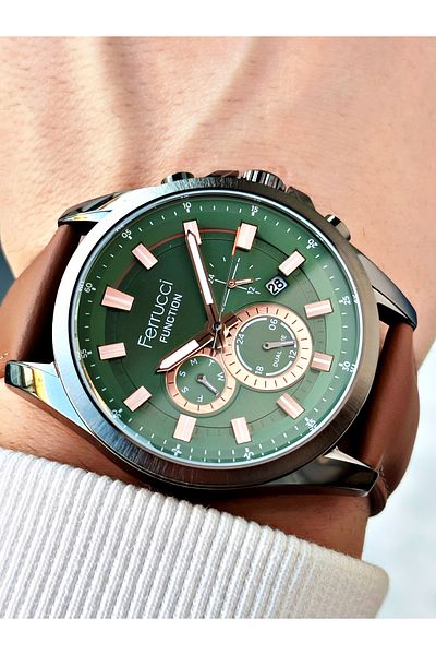 Ferrucci Functions Active Men's Wristwatch 3 Atm Waterproof Brown Color Leather Band