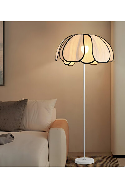 burenze Boheme Modern Tasarım Palm Burenze Dekoratif Lambader Beyaz Gövde Ekru Kumaş Abajur