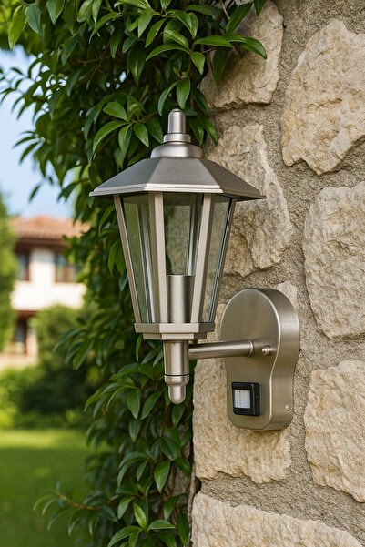 Fujika 232Lamp Paslanmaz Krom Cam Hareket Sensörlü Duvar Bahçe Fener Aplik Dış Mekan 198x335x215mm