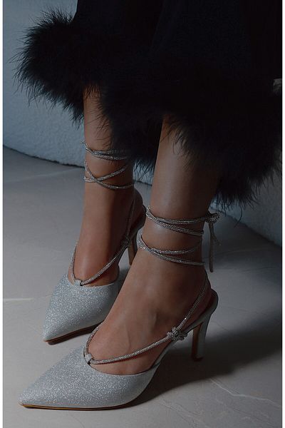 POLKA STORE Strass vârf ascuțit spate deschis stiletto strălucitor cu bandă de piatră rochie de seară pantofi de damă cu toc