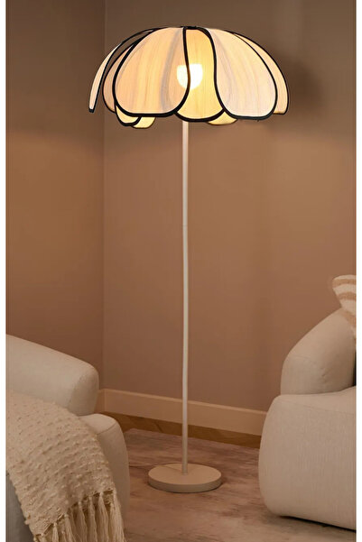 burenze Boheme Modern Tasarım Palm Burenze Dekoratif Lambader Beyaz Gövde Ekru Kumaş Abajur