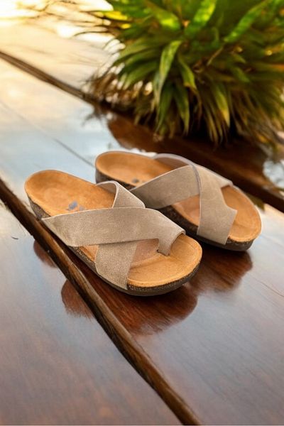Land of Cork Anatomical Natural Cork Sole Taupe Flip Flops Suede Leather Women's Slippers