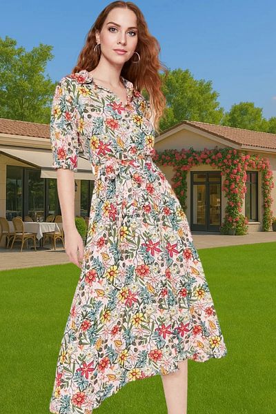 PayBuy Women Midi Length Shirt Dress Animal Pattern Viscose Fabric Casual Style Modern Style