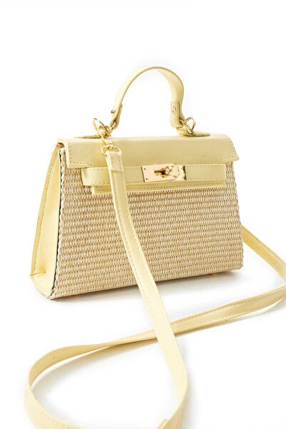 Mimoza Women's Yellow Leather Detailed Straw Hand and Shoulder Bag