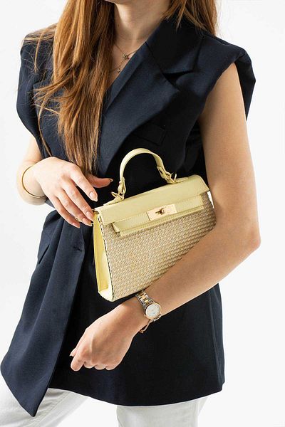 Mimoza Women's Yellow Leather Detailed Straw Hand and Shoulder Bag