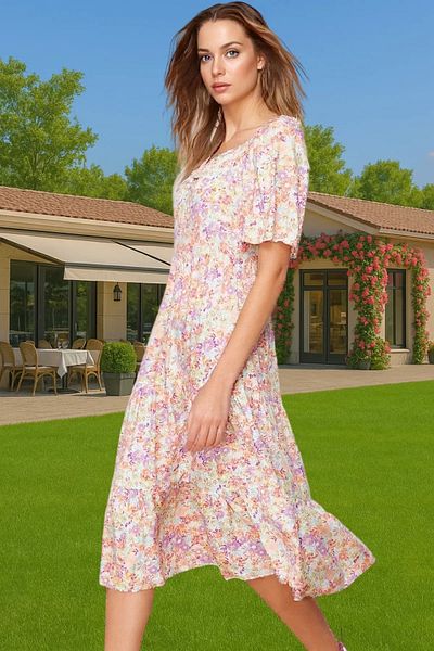 PayBuy Summer A-Line Balloon Sleeves Floral Print Midi Viscose Dress Trendy Design for Daily Wear