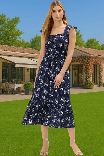PayBuy Floral Pattern A-Line Midi Viscose Dress Shirring Sleeveless Summer Durable Material Professional Look