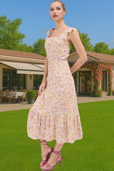 PayBuy Floral Pattern A-Line Midi Viscose Dress Shirring Sleeveless Summer Durable Material Professional Look