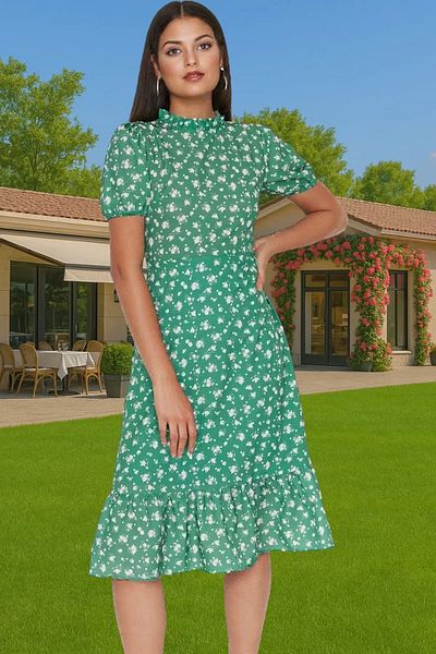 PayBuy A-Line Midi Length Ruffled Floral Woven Dress Summer Casual Professional Look High Quality