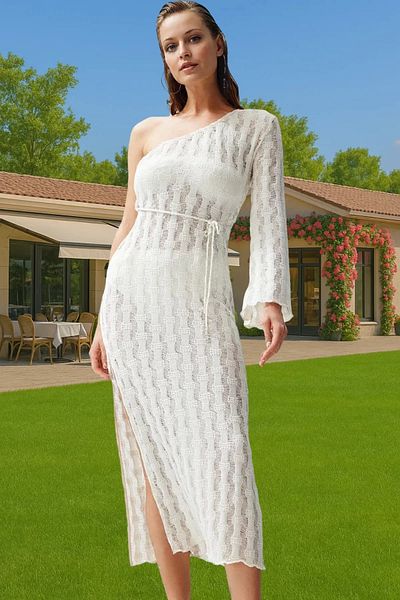 PayBuy One Shoulder Knitwear Look Maxi Beach Dress Belt Detailed Summer Comfortable Distinctive Material Comfortable and Stylish