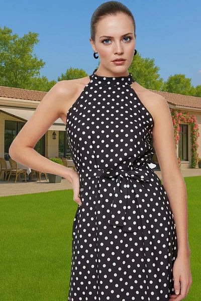 PayBuy Polka Dot A-Line Midi Dress Halter Neck Polyester Summer Professional Look Long Lasting