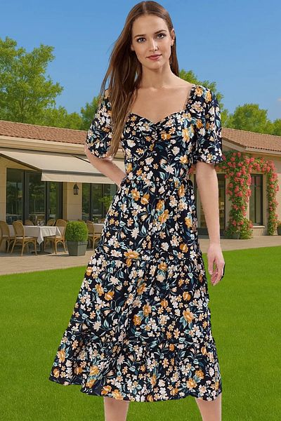 PayBuy Summer A-Line Balloon Sleeves Floral Print Midi Viscose Dress Trendy Design for Daily Wear