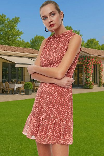 PayBuy A-Line Floral Mini Chiffon Dress with Lining Stand Collar Summer Long Lasting for Daily Wear