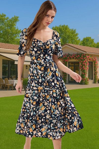 PayBuy Summer A-Line Balloon Sleeves Floral Print Midi Viscose Dress Trendy Design for Daily Wear