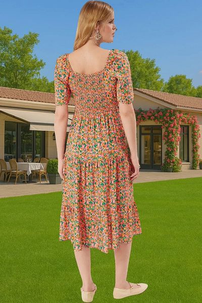 PayBuy Summer A-Line Balloon Sleeves Floral Print Midi Viscose Dress Trendy Design for Daily Wear
