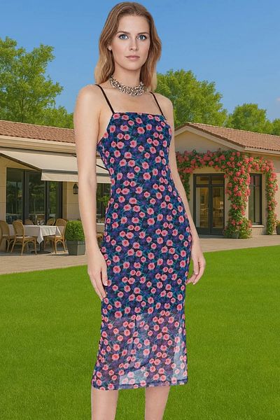 PayBuy Midi Length Printed Knitted Tulle Dress Stretchy Fit Square Collar High Quality Quality Craftsmanship
