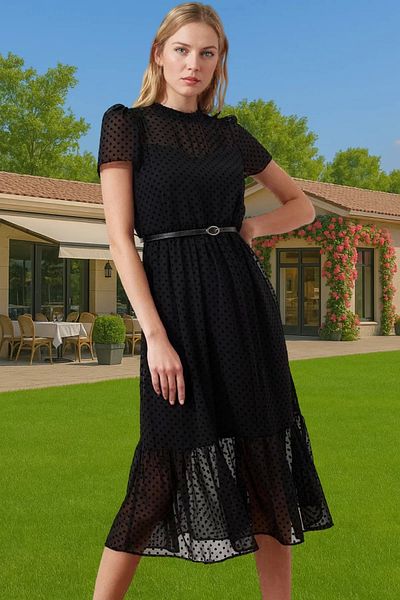 PayBuy Women's A-Line Midi Chiffon Dress with Belt Lined Summer Office Casual Use Durable Material