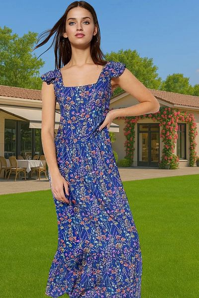 PayBuy Floral Pattern A-Line Midi Viscose Dress Shirring Sleeveless Summer Durable Material Professional Look