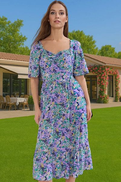 PayBuy Summer A-Line Balloon Sleeves Floral Print Midi Viscose Dress Trendy Design for Daily Wear