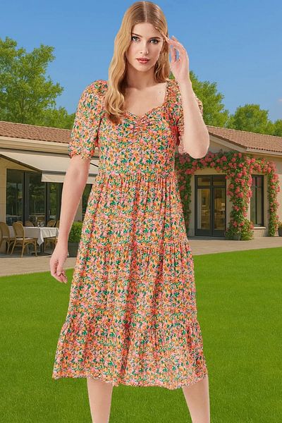 PayBuy Summer A-Line Balloon Sleeves Floral Print Midi Viscose Dress Trendy Design for Daily Wear