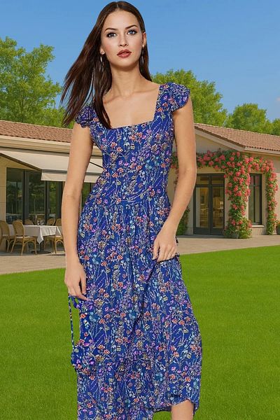 PayBuy Floral Pattern A-Line Midi Viscose Dress Shirring Sleeveless Summer Durable Material Professional Look