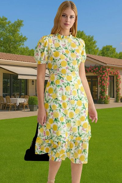 PayBuy A-Line Midi Length Ruffled Floral Woven Dress Summer Casual Professional Look High Quality