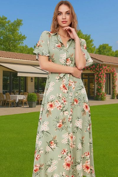 PayBuy Maxi Floral Patterned Viscose Shirt Dress Belted Summer Casual Premium Quality Carefully Selected