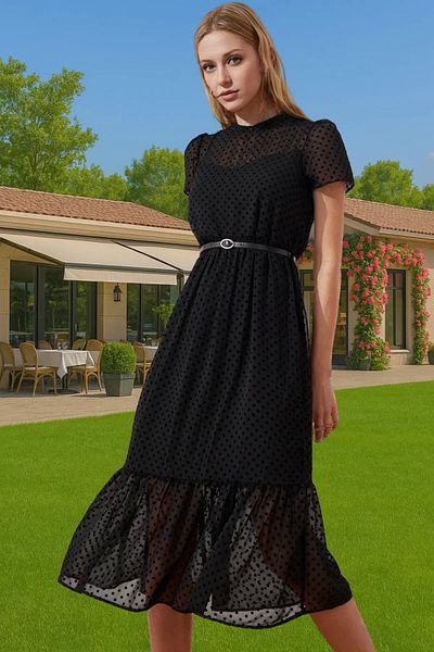 PayBuy Women's A-Line Midi Chiffon Dress with Belt Lined Summer Office Casual Use Durable Material