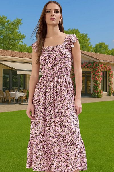 PayBuy Floral Pattern A-Line Midi Viscose Dress Shirring Sleeveless Summer Durable Material Professional Look