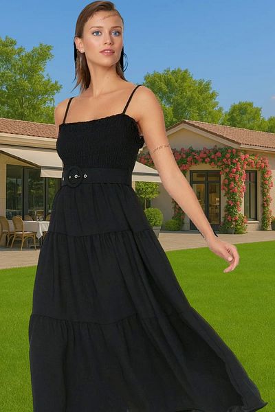 PayBuy Women's Midi Length Strap Pleated Waist Belt Polyester Casual Dress Professional Look Carefully Selected