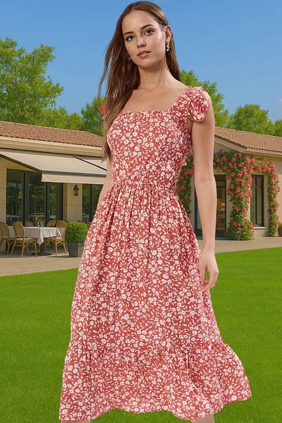 PayBuy Floral Pattern A-Line Midi Viscose Dress Shirring Sleeveless Summer Durable Material Professional Look