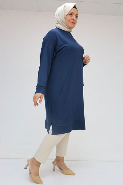 Eslina 58048 plus size self-ribbed combed cotton tunic - navy blue