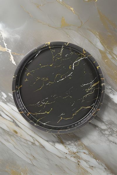 EVLE Ef163-50 Marble Black Patterned Round Tray 36 Cm