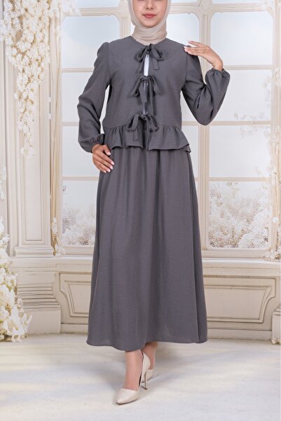 Modamorfo Lace-Up Front Sleeve Elastic Skirt Suit - Smoked