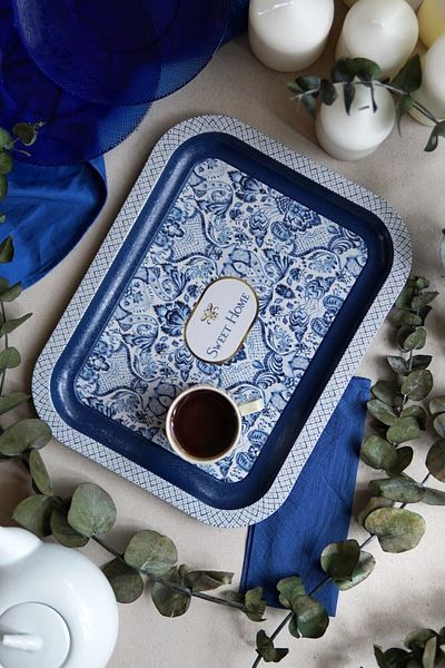 EVLE Azulejos Patterned Metal Tray - Tea Coffee Tray - Presentation Tray 23 Cm X 31 Cm Ee161-7n