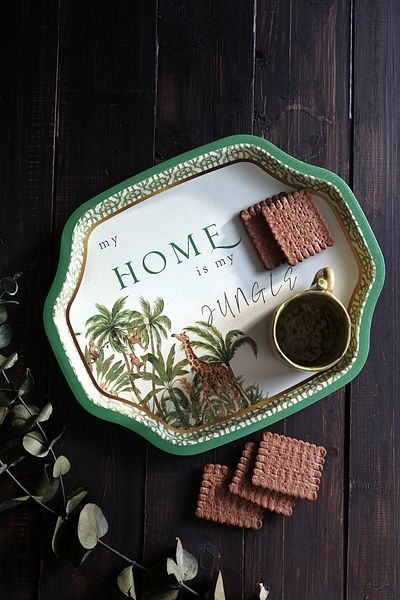 EVLE Ee166-8ı Forrest Green Home Patterned Special Shape Tray 28x33 Cm