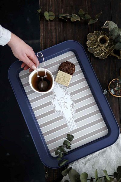 EVLE Ee169-5b Elegance Blue Patterned Rectangular Tray 32x43 Cm