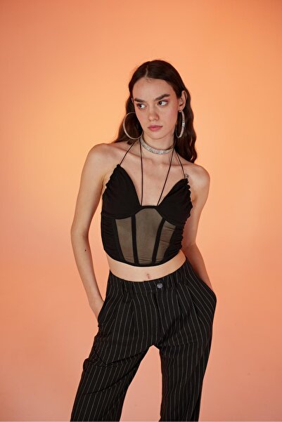 HOLLY LOLLY İp Bağlamalı Tül Sasha Bluz Siyah