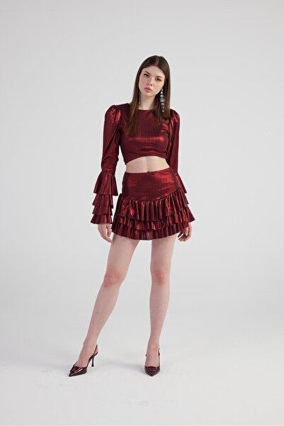HOLLY LOLLY Burgundy Ruffle Shiny Fabric Skirt and Blouse Set