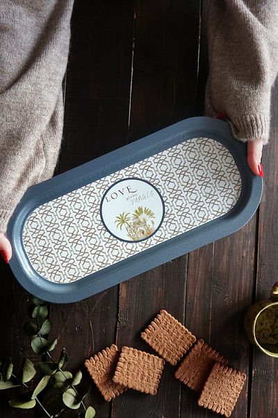 EVLE Ee168-6ı Forrest Gray Love Patterned Oval Tray 16x35 Cm