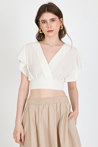 Rays Bluză crop cu mâneci cu volane, 100% bumbac, cu aspect de in alb 6942