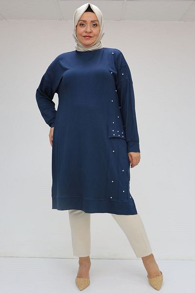 Eslina 58048 plus size self-ribbed combed cotton tunic - navy blue