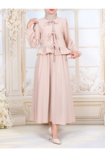 Modamorfo Lace-Up Front Sleeve Elastic Skirt Suit -Beige
