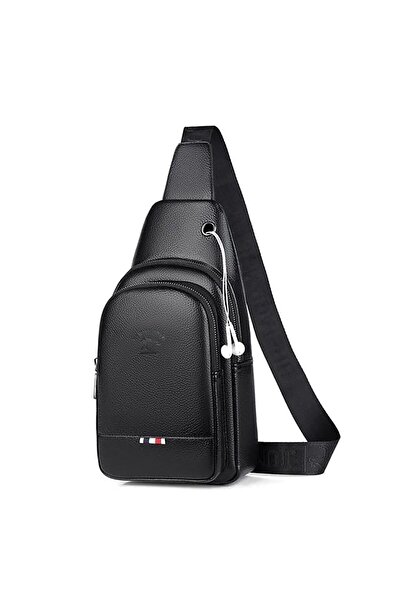 Newish Чоловічі чорні веганські шкіряні навушники з навушниками через плече, сумка на талії, повсякденна сумка