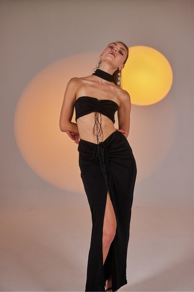 HOLLY LOLLY Buzzy Fabric Neck Detailed Gathered Hestia Blouse Black