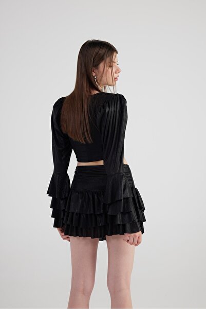 HOLLY LOLLY Black Shiny Fabric - Ruffled Skirt and Blouse Yensia Set