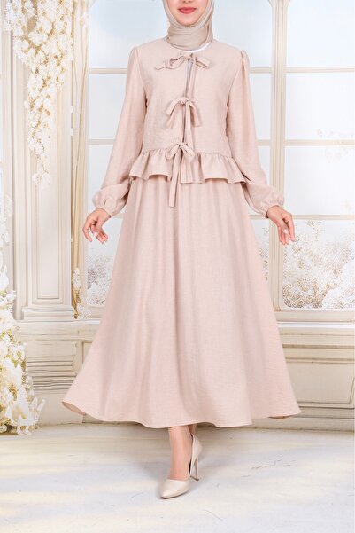 Modamorfo Lace-Up Front Sleeve Elastic Skirt Suit -Beige