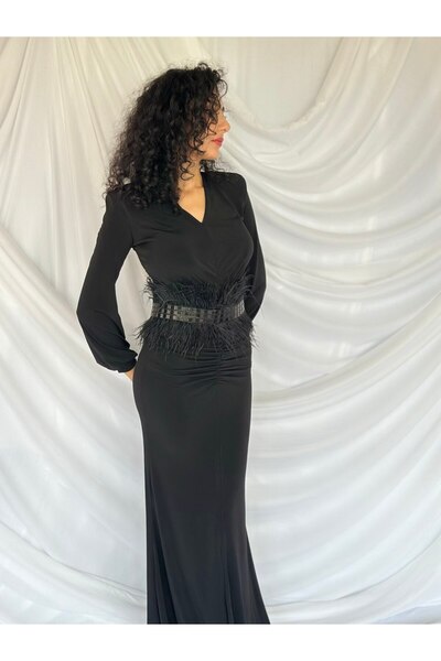 LALE El Yapımı Siyah Tüylü Kristal Boncuklu Abiye Elbise Kemeri Bel Aksesuarı